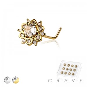 12PCS OF MULTI CZ MANDALA FLOWER 316L SURGICAL STEEL L-SHAPE NOSE BOX